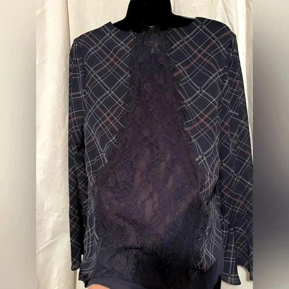 Lauren Conrad Women's Sz M Sheer Blouse V-Neck Navy Plaid Back Lace Bell Sleeve - Picture 6 of 6